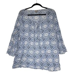 J. Jill Blue and White Patterned Tunic Boho Size XL 3/4 Sleeve Scoop Neck